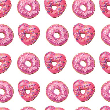 Suluboya donutları kusursuz. Pembe ve mor donutlar arka planda. Doğum günü kartı, ambalaj kağıdı, tekstil, kafe menüsü, duvar kağıdı tasarımı