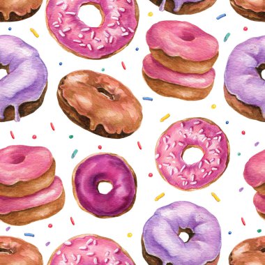 Suluboya donutları kusursuz. Pembe ve mor donutlar arka planda. Doğum günü kartı, ambalaj kağıdı, tekstil, kafe menüsü, duvar kağıdı tasarımı