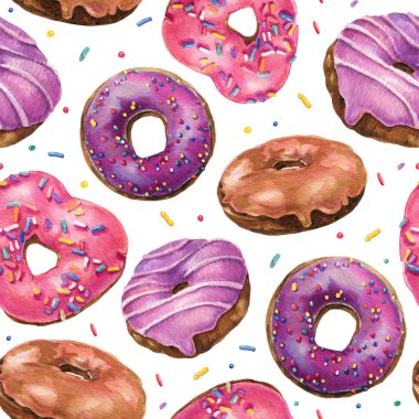 Suluboya donutları kusursuz. Pembe ve mor donutlar arka planda. Doğum günü kartı, ambalaj kağıdı, tekstil, kafe menüsü, duvar kağıdı tasarımı.