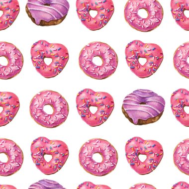 Suluboya donutları kusursuz. Pembe ve mor donutlar arka planda. Doğum günü kartı, ambalaj kağıdı, tekstil, kafe menüsü, duvar kağıdı tasarımı.