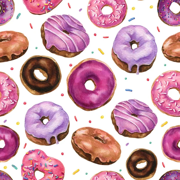 Watercolor donuts seamless pattern.Pink and violet donuts background. Design for the birthday card, wrapping paper, textile, cafe menu, wallpaper.