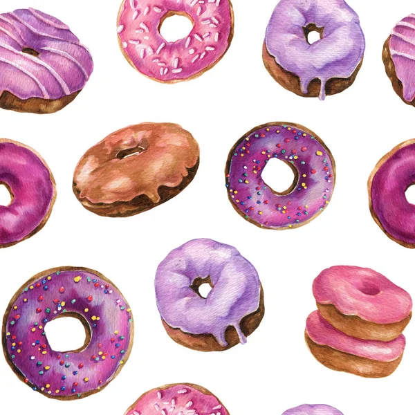水彩甜甜圈无缝图案 粉色和紫色甜甜圈背景 生日卡片 包装纸 纺织品 咖啡馆菜单 壁纸的设计 — 图库照片