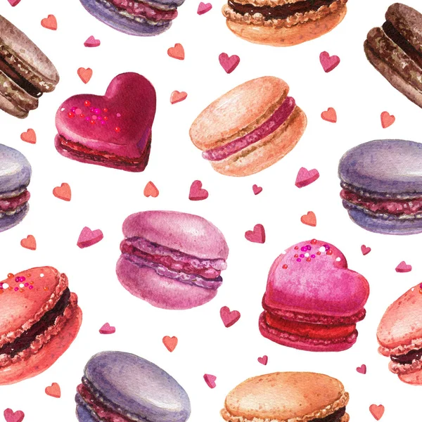 Valentinstag Makronen Nahtlose Muster Aquarell Rosa Macarons Background Aquarell Bäckerei — Stockfoto