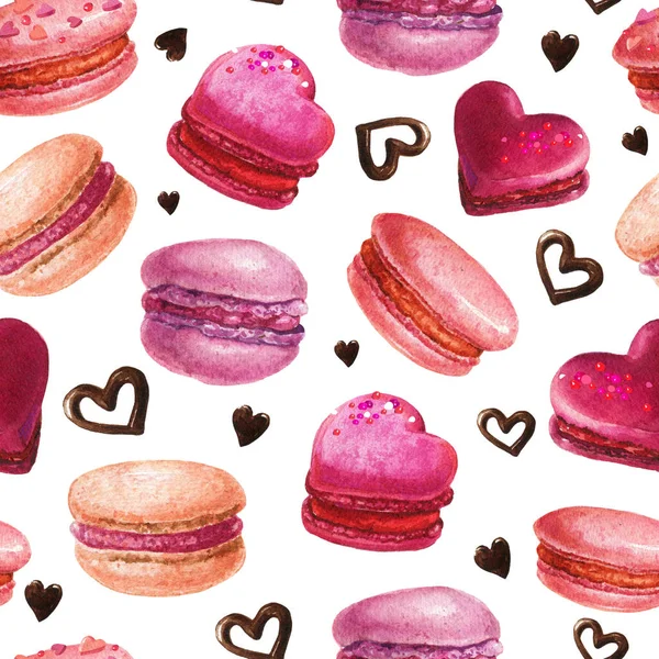 Valentine Macaroons Seamless Pattern Watercolor Pink Macarons Background Watercolor Bakery — стоковое фото