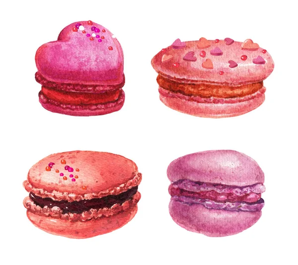 Valentines Macaroons Clipart Vector Watercolor Heart Pink Macarons Set French — Stock Vector