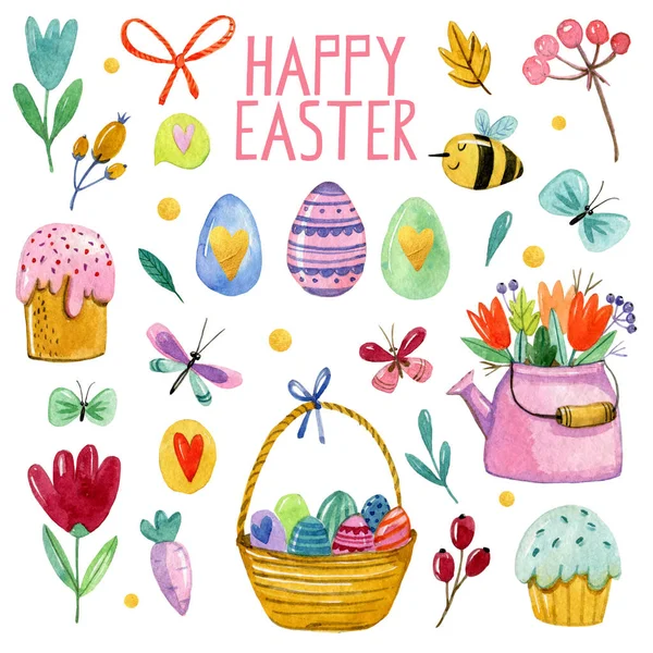 Watercolor Collection Easter Elements Collection White Background Easter Basket Bee — Stock Vector