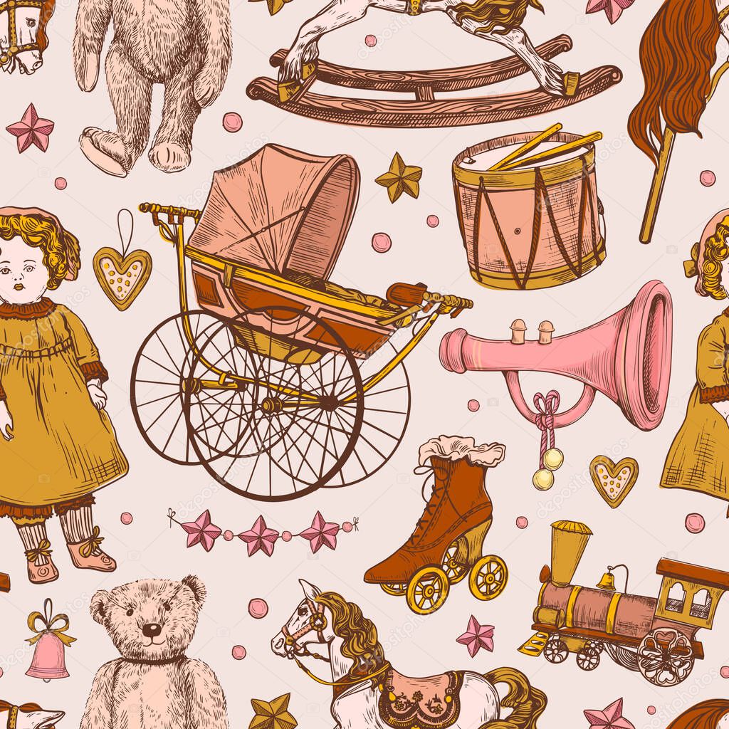 Vector hand-drawn seamless pattern with a set of pastel colors vintage toys. Collection of children's toys, doll, baby carriage, train, drum, teddy bear, wooden horse, stick horse, Christmas toys.