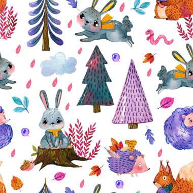 Karikatür tarzında, orman hayvanları ve bitkilerle suluboya desenli. Tavşan, salyangoz, tavşan, mantar, yaprak, meşe palamudu, ağaç, sincap, kirpi desenli el çizimi.