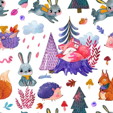 Karikatür tarzında, orman hayvanları ve bitkilerle suluboya desenli. El deseni çizdi Tilki, tavşan, salyangoz, ayı, tavşan, mantar, yaprak, meşe palamudu, ağaç, sincap, kirpi.