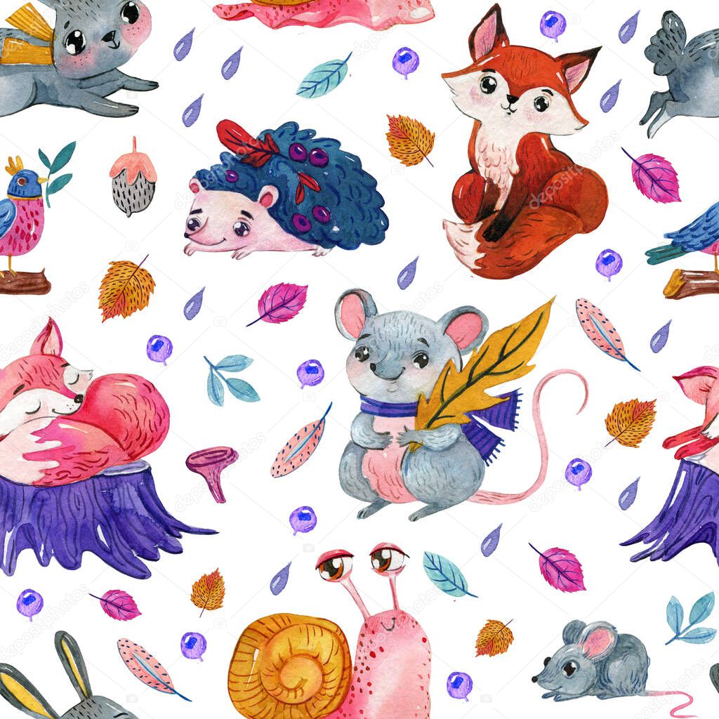 Watercolor seamless pattern with forest animals and plants in a cartoon style. Hand drew the pattern with  Fox, bunny, snail, bear, rabbits, mushrooms, leaves, acorn, trees, deer, squirrel, hedgehog.