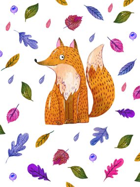 Şirin bir tilki ile suluboya kartpostal, etrafında oturup düşen yapraklar. El, beyaz arka planda tilki resmi çizmiş. Merhaba..