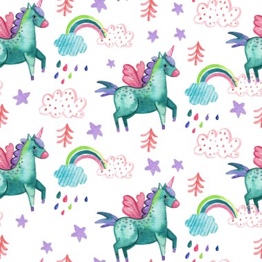 Tatlı tek boynuzlu atlar, bulutlar, yağmur damlaları, gökkuşağı ve beyaz zemin üzerinde yıldızlar olan suluboya el boyası desenleri. Küçük tek boynuzlu atların sihirli arka planı.