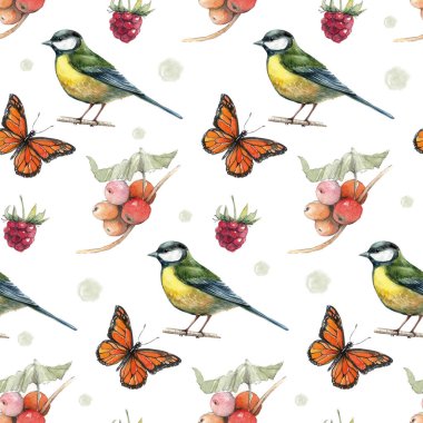 El, beyaz arka planda botanik desen çiziyor. Suluboya el böğürtlen, ot, meme faresi, kelebek ve ahududu çiziyor..