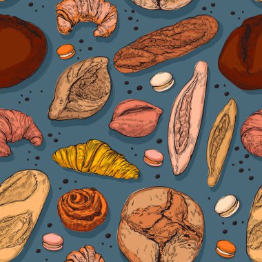 Renkli el yapımı eskiz tarzı fırın kalıbı. Mavi arka planda farklı ekmek ve pasta çeşitleri, pastalar, turtalar, pasta dilimleri, donutlar, cheesecake, badem kurabiyeleri, çörekler ve diğer lezzetli fırın ürünleri..