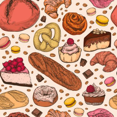 Renkli el yapımı eskiz tarzı fırın kalıbı. Farklı türde ekmek ve hamur işleri, kekler, turtalar, pasta dilimleri, donutlar, cheesecake, kurabiyeler, çörekler ve diğer lezzetli fırın ürünleri..