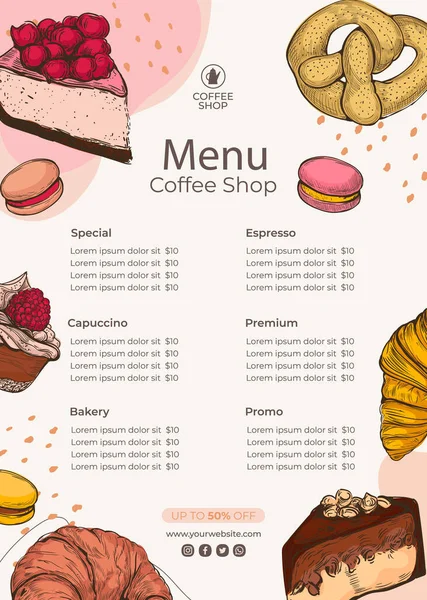 Hand Drawn Sketch Style Bakery Menu Design Different Kinds Pastry — Stockvector