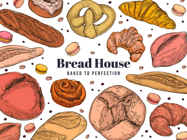 Hand Drawn Sketch Style Bakery Banner Different Kinds Bread Pastry — Stockvector