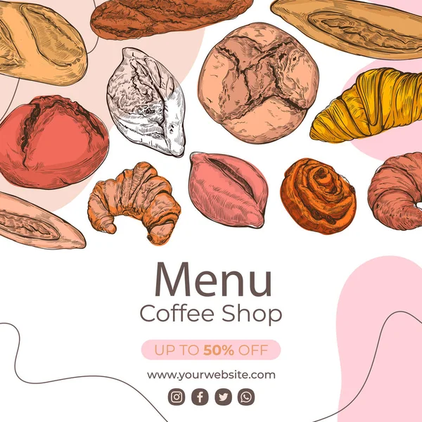 Hand Drawn Sketch Style Bakery Banner Different Kinds Pastry Sweets — Stockový vektor