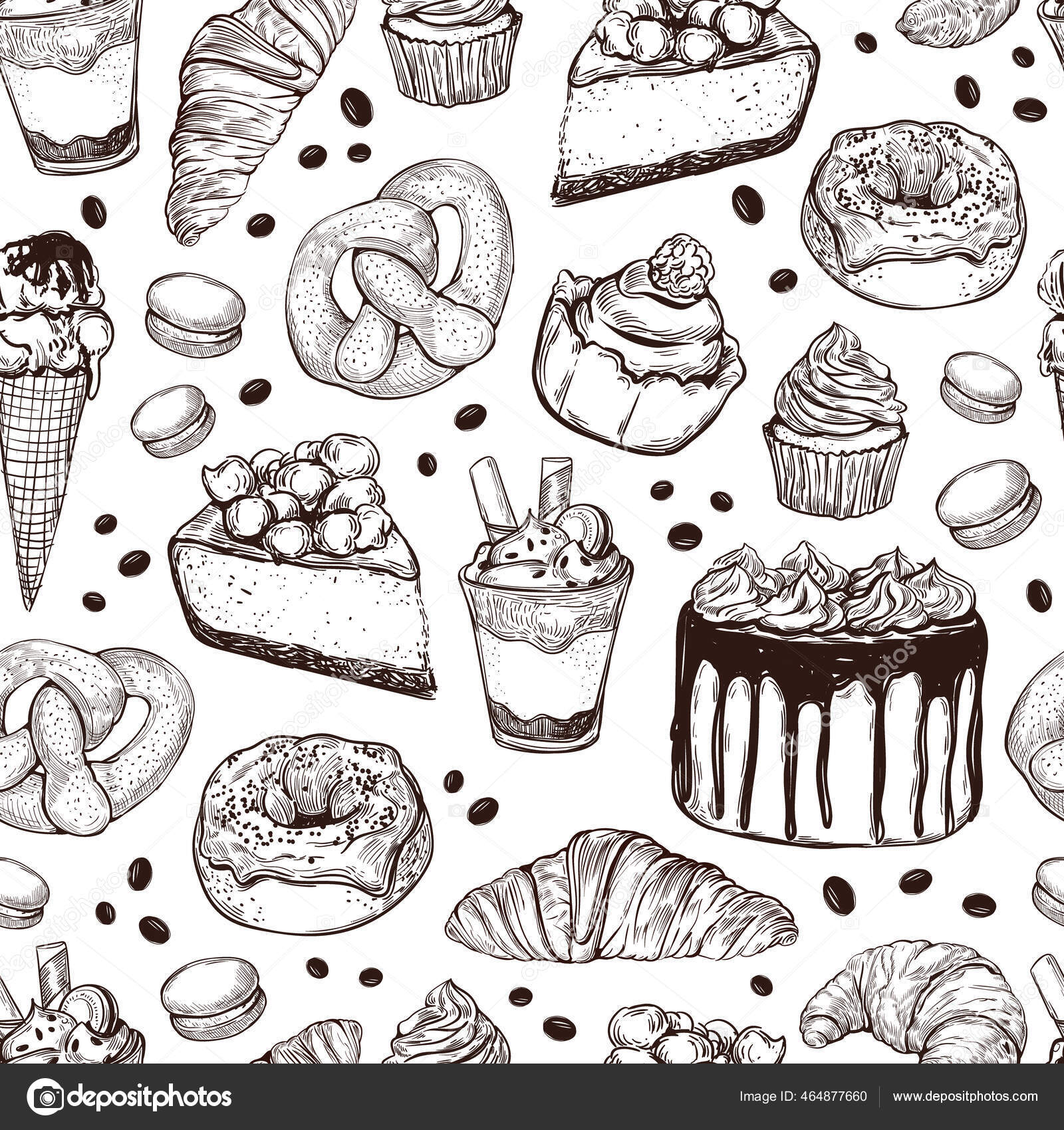 손으로 스케치 스타일의 디저트는 솔기없는 패턴이다 배경에는 종류의 페이스트리 케이크 스톡 벡터 - ©YanaFefelova  464877660, image size:1600x1700