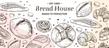 Klasik el yapımı eskiz tarzı pastane afişi. Beyaz arka planda farklı hamur tatlısı çeşitleri. Ekmek, pasta dilimleri, cheesecake, badem kurabiyeleri, çörekler ve diğer hırçın fırın ürünleri,