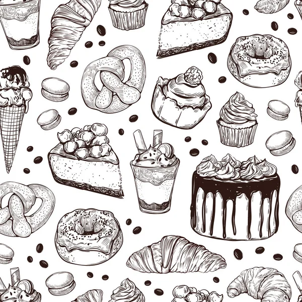 Schizzo Disegnato Mano Stile Dessert Senza Soluzione Continuità Diversi Tipi — Vettoriale Stock