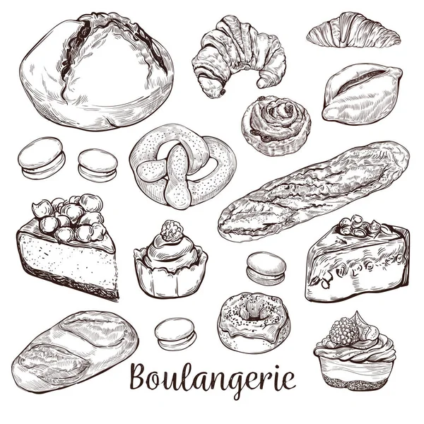 Vintage Hand Drawn Sketch Style Bakery Set Different Kinds Bread — Stockvector