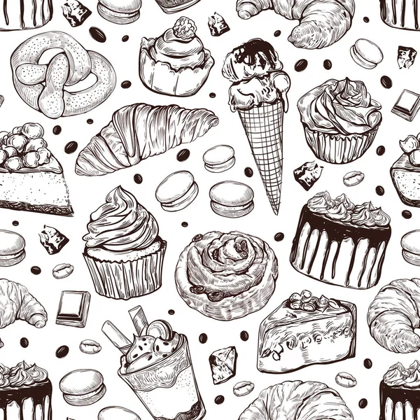 Hand Drawn Sketch Style Dessert Seamless Pattern Different Kinds Pastry — Stockvector