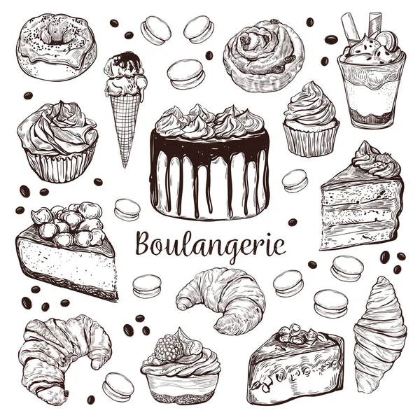 Set Panadería Estilo Boceto Dibujado Mano Vintage Diferentes Tipos Dulces — Vector de stock