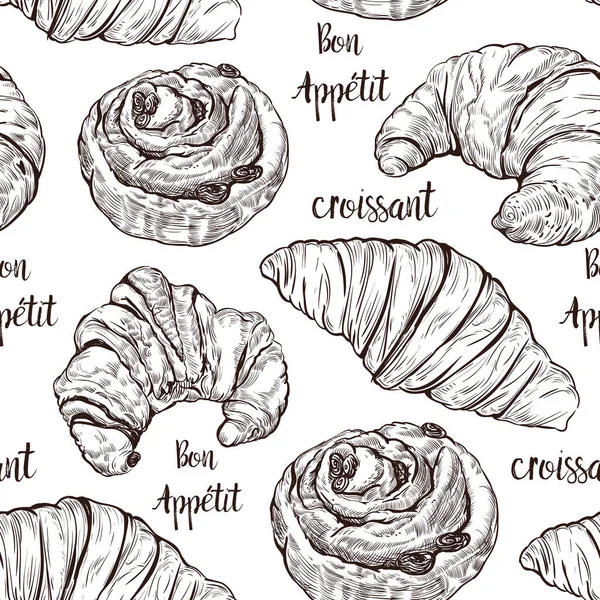 Croissant Sweet Buns Pattern Seamless Background French Croissant Hand Drawn — Stockový vektor