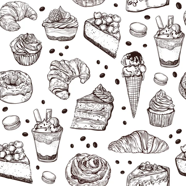 Hand Drawn Sketch Style Dessert Seamless Pattern Different Kinds Pastry — Stockový vektor