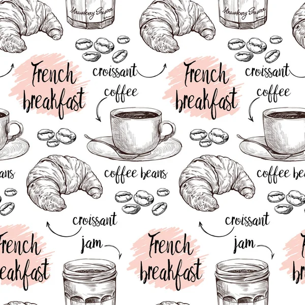 Vector Set Seamless Pattern Coffee Maker Cup Jam Jar Croissant — Stockový vektor