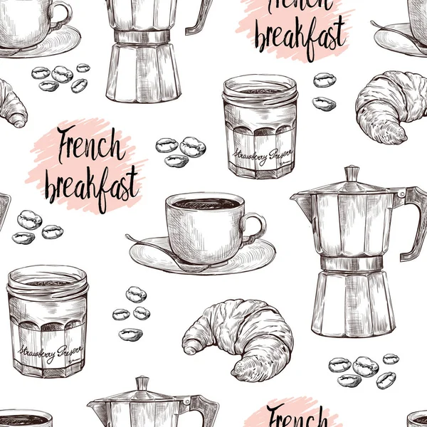 Vector Set Seamless Pattern Coffee Maker Cup Jam Jar Croissant — Stockový vektor