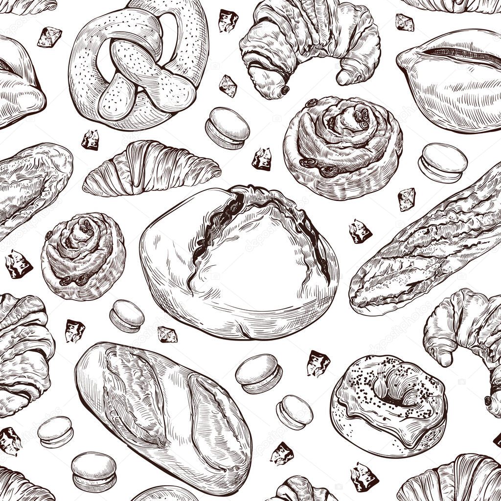Hand-drawn sketch style bakery set. Different kinds of bread and pastry on white background. Bread, croissant, pretzel, bun, donuts, macaroons, and other bakery products in a seamless pattern.