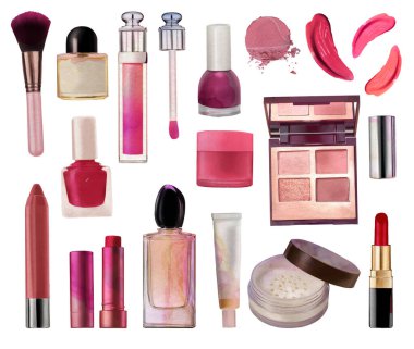 Beyaz arka planda izole edilmiş suluboya kozmetik simgeleri. Makyaj bölümü, güzellik blogu unsurları suluboya güzellik klibi, özgüven, moda illüstrasyonu.