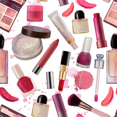 Suluboya dekoratif kozmetik arka planı. Makyaj ürünleri pürüzsüz desen, güzellik blogu için gerçekçi kozmetik öğeleri suluboya duvar kâğıdı, kişisel bakım, moda illüstrasyonu..