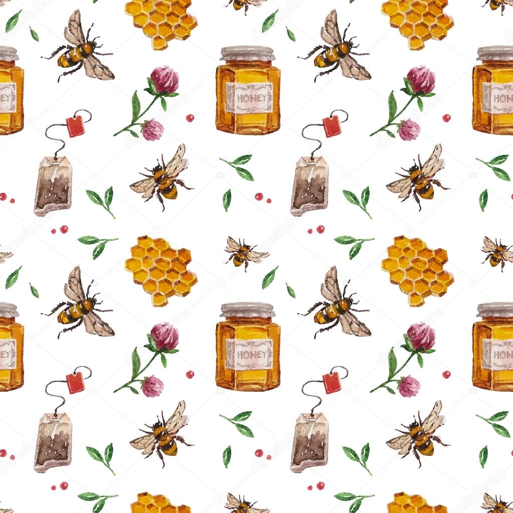 pattern with bees, honeycombs and honey