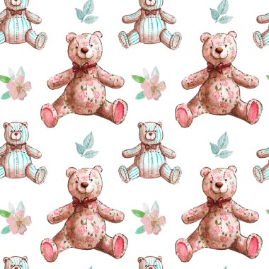 Vintage pattern with teddy bears and flowers