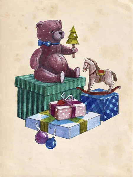 Boîtes cadeaux avec ours en peluche — Image vectorielle