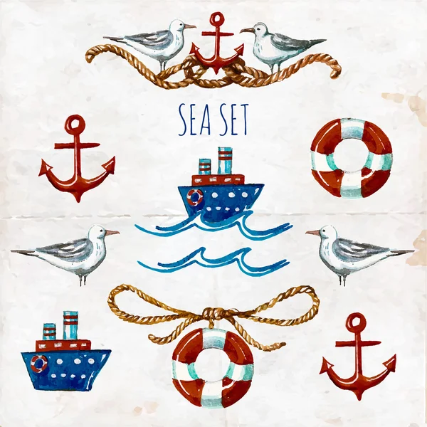 Collection of watercolor nautical symbols. — Stockový vektor