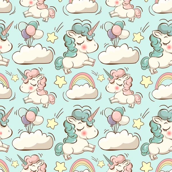 Pattern with cute unicorns and clouds — Stock Vector