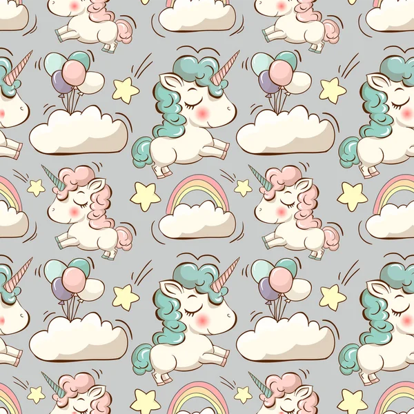 Pattern with cute unicorns and clouds — Stock Vector