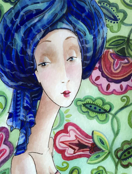 Mooie romantische meisje in blauwe tulband — Stockvector