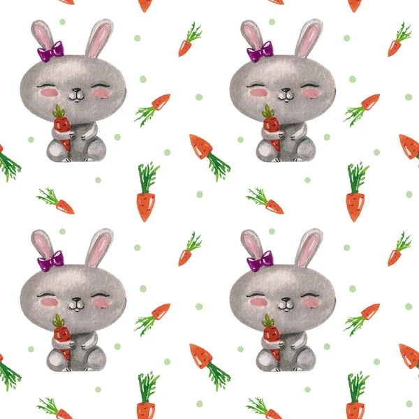 Mönster med akvarell små kaniner och morötter — Stock vektor