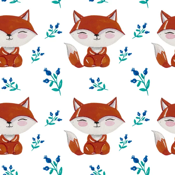 Pattern with watercolor little foxes — Stock Vector