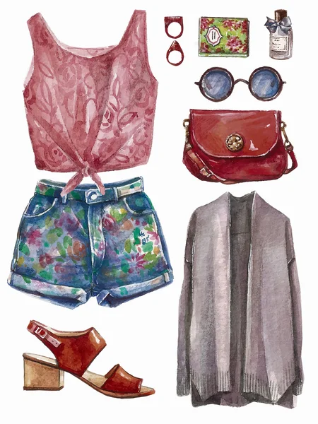 Collage de ropa de niña de verano o primavera — Vector de stock