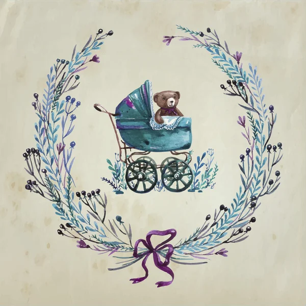 Детская коляска с милым плюшевым мишкой — стоковый вектор