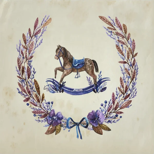 Cartão floral com pequeno cavalo de madeira —  Vetores de Stock