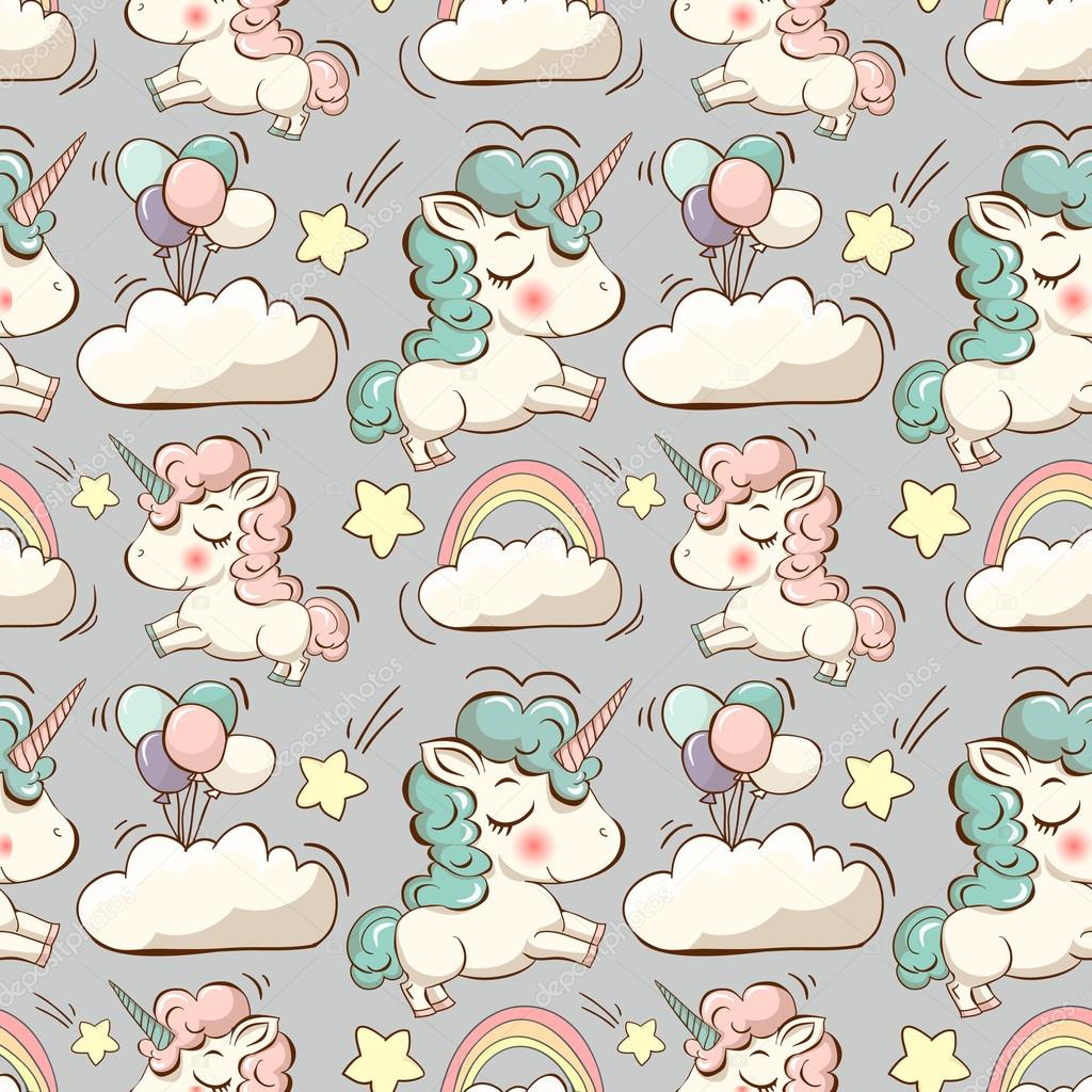 Pattern with cute unicorns and clouds