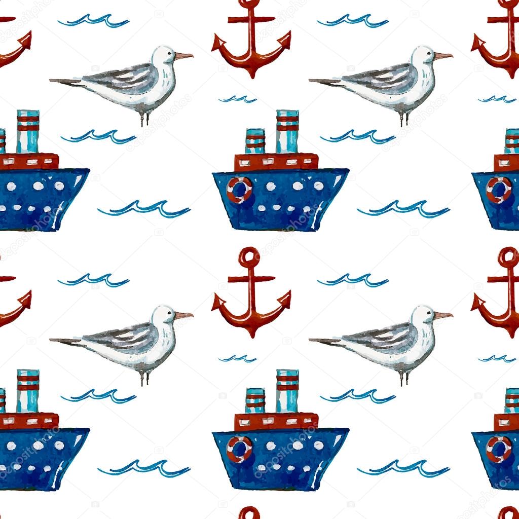 Seamless watercolor pattern with boats