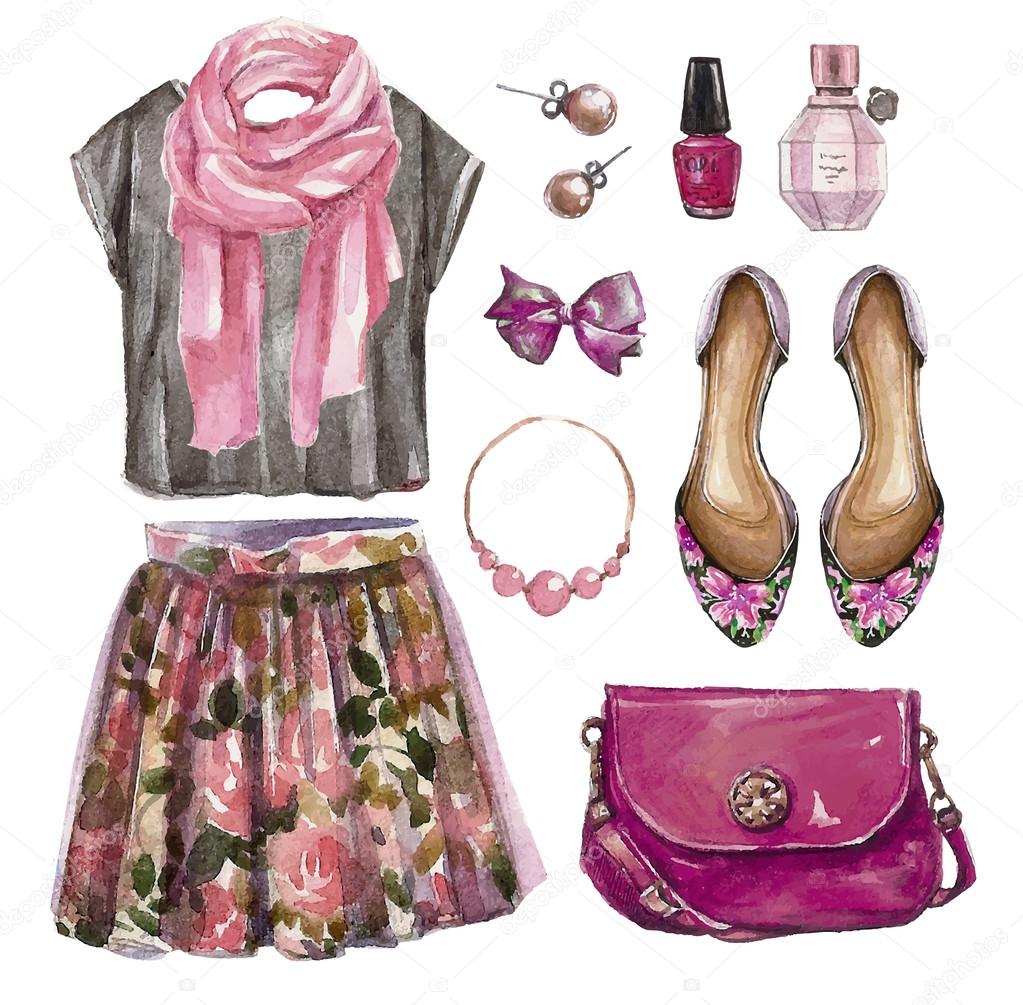 Watercolor collage of girl clothing and accessories
